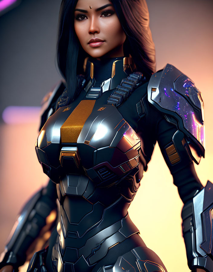 Futuristic woman in metallic armor with glowing accents