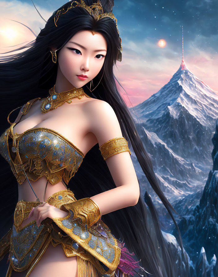 Illustrated female character in ornate golden armor against snowy mountain backdrop