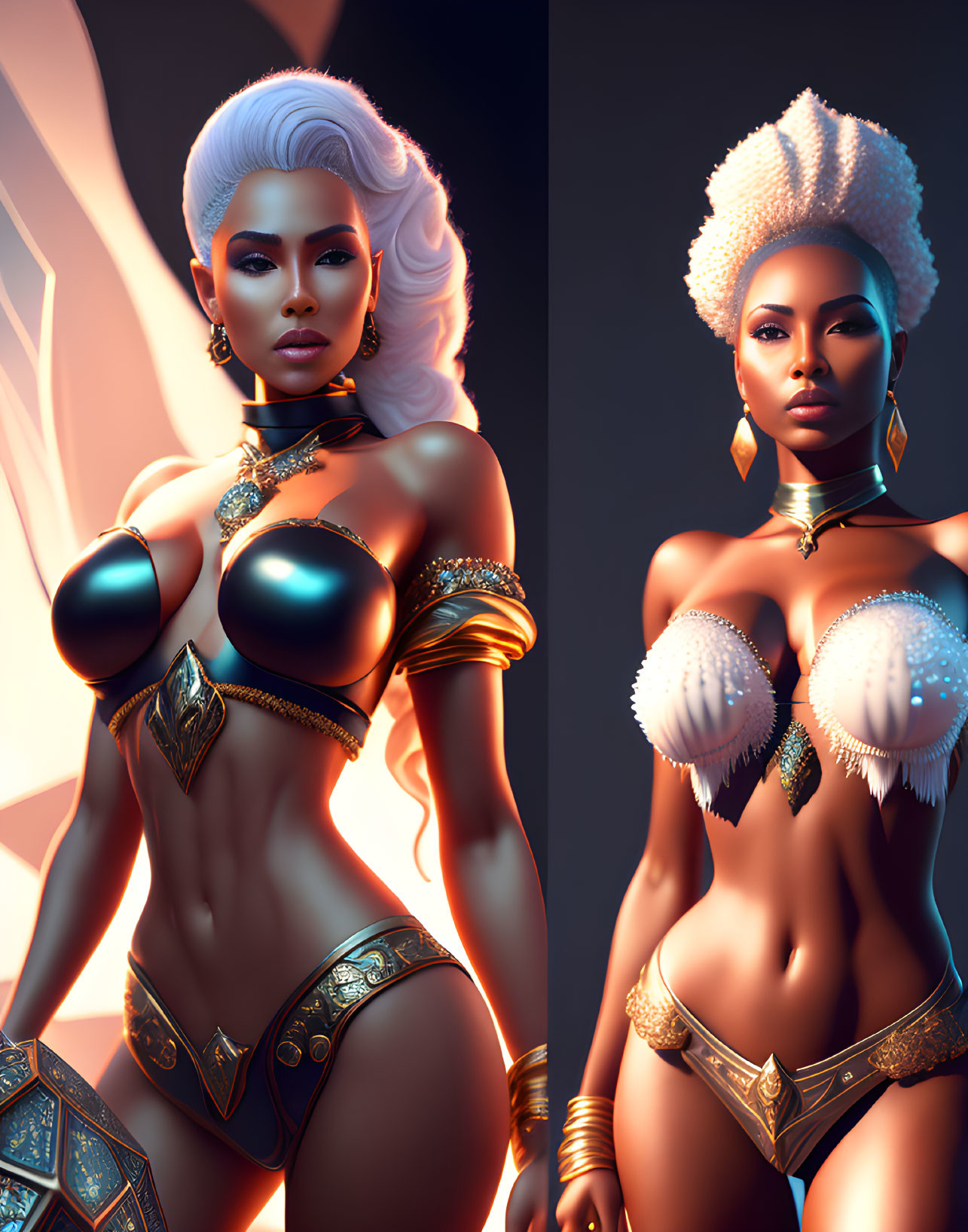 Stylized woman in golden armor with white hair on warm background