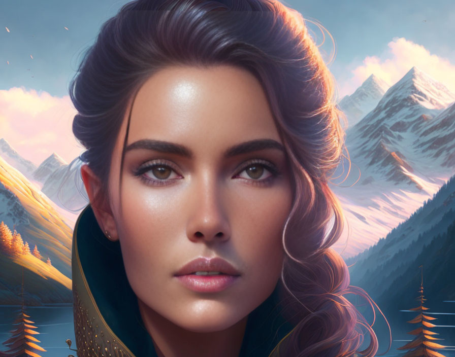 Dark-haired woman with striking eyes in fantasy landscape with mountains and twilight sky