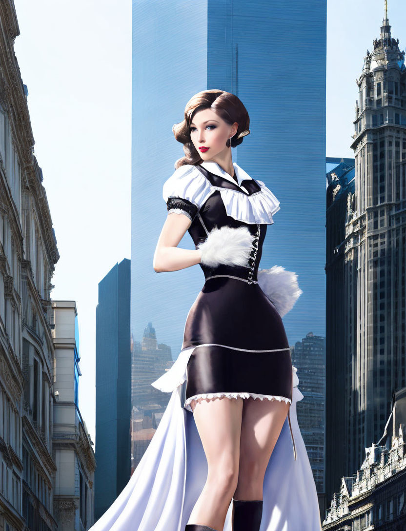 Digital Art: Woman in Maid Costume with Skyscrapers