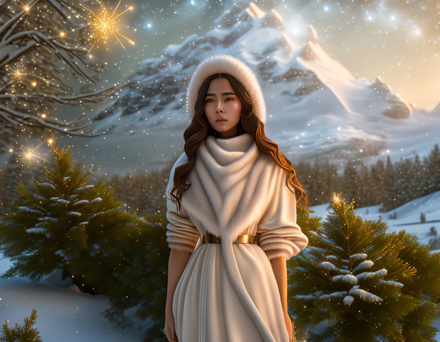 Woman in White Coat and Hat in Snowy Landscape with Pine Trees and Mountains