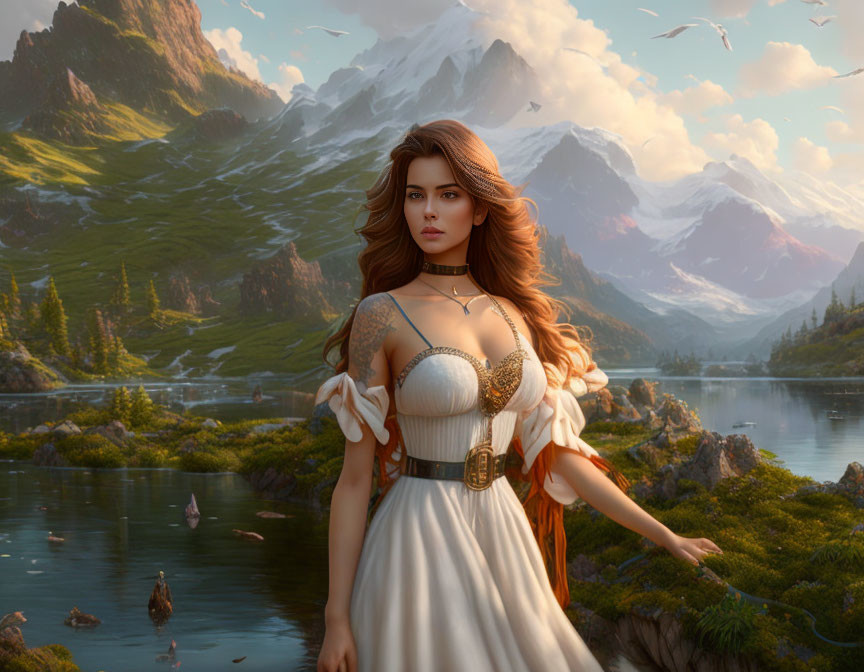 Fantasy digital artwork: Woman in historical dress in front of majestic mountain landscape