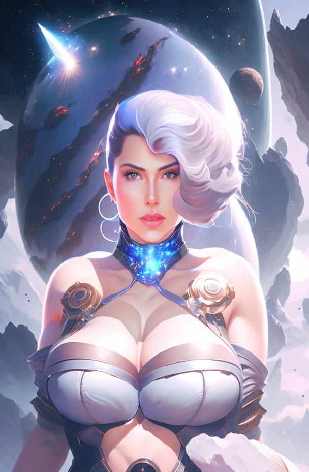 Futuristic female figure with white hair, blue necklace, and metallic armor in cosmic setting