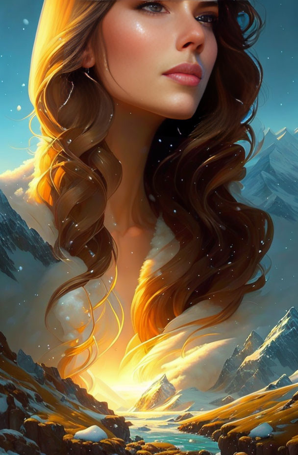 Digital artwork: Woman with flowing hair merges into sunset mountains