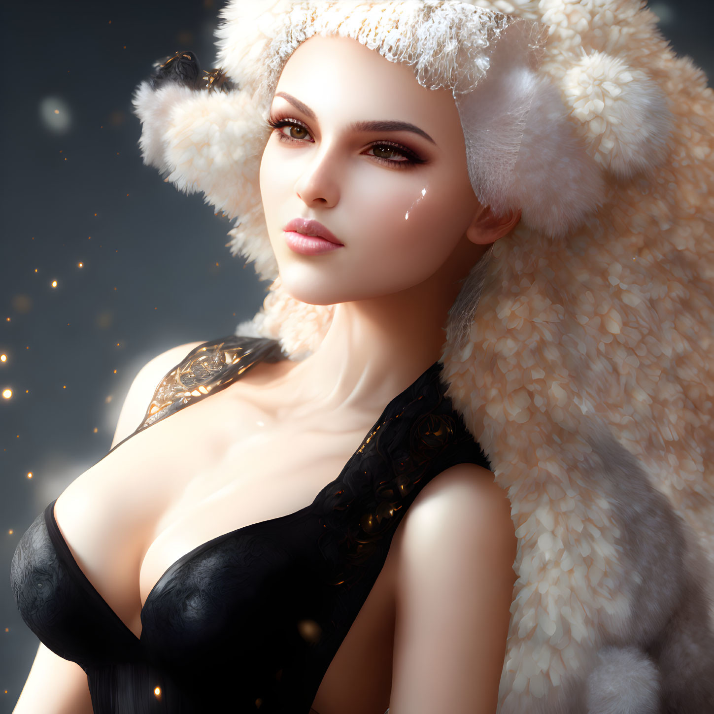 Fair-skinned woman in furry hood and black outfit with subtle glow and sparkles