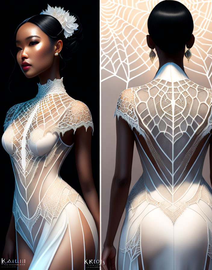 Intricate white lace bodysuit with high-collar design against cobweb backdrop