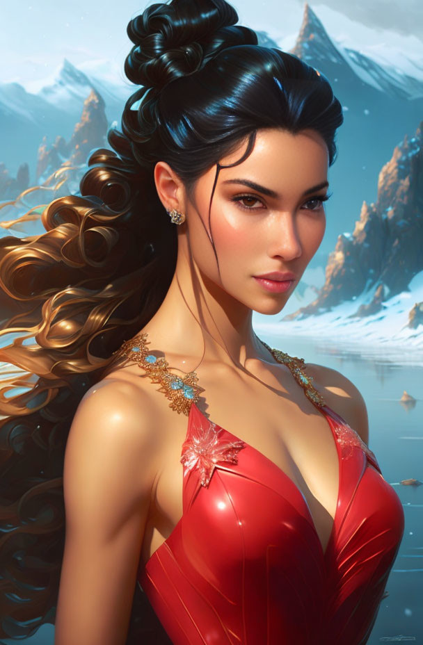 Digital portrait of woman with long wavy hair in red gown against snowy mountain landscape