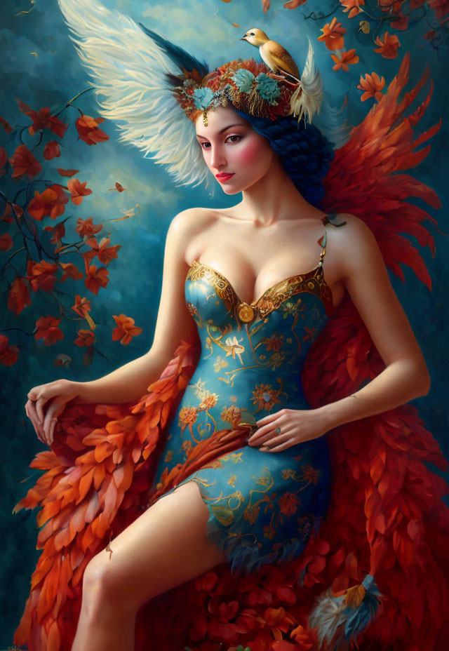 Fantasy Artwork of Woman with Feathered Wings and Bird Perched on Shoulder