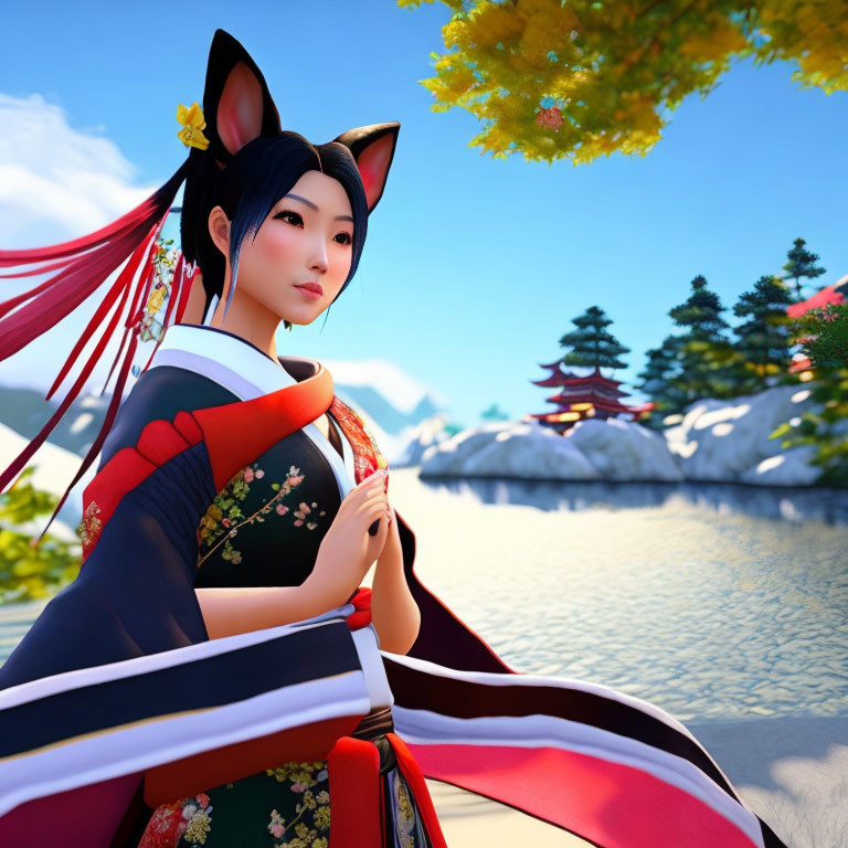 Digital artwork: Woman with fox ears in kimono against mountain backdrop