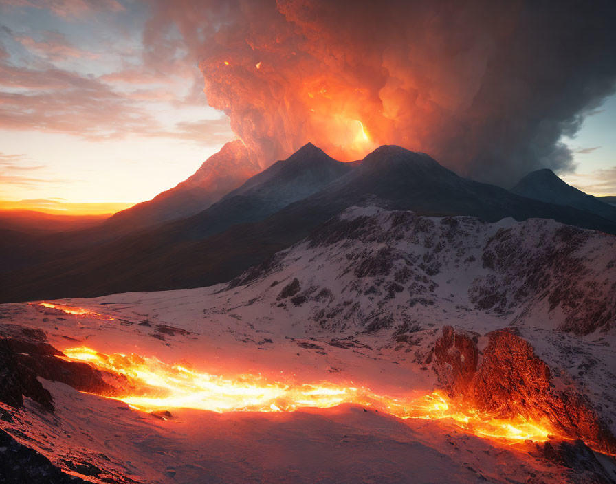 Twilight volcanic eruption: lava, fiery skies, snow mountains