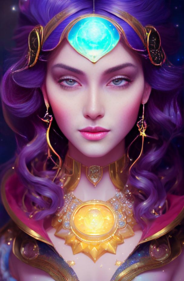 Violet-haired woman in golden headpiece and armor with pink eyes.