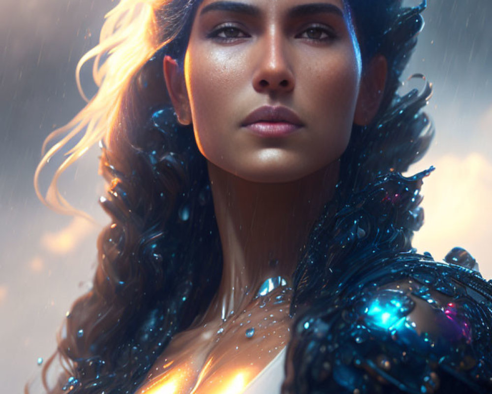 Bronzed woman with wavy hair in blue armor against cloudy backdrop