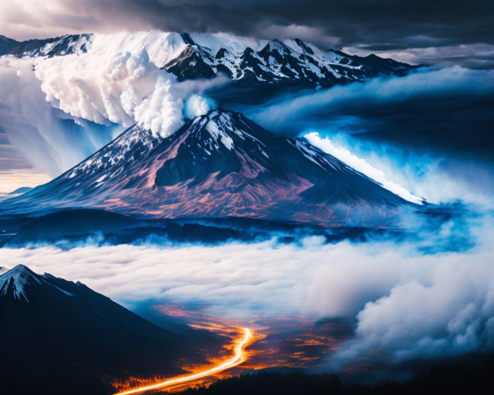 Volcanic landscape with lava flow, snow-capped peaks, and swirling clouds