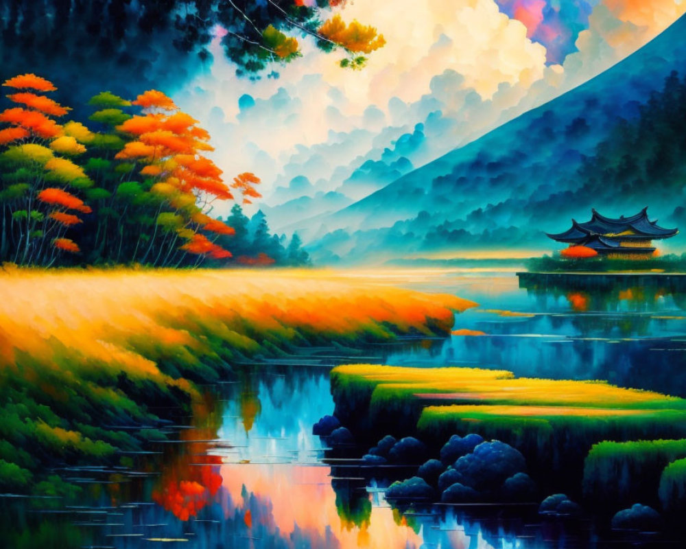 Colorful Landscape Painting: Serene River, Pagodas, Trees, Misty Mountains