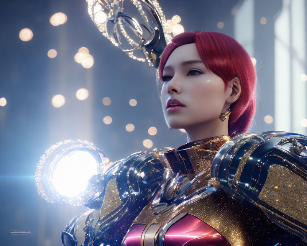 Red-haired woman in black and gold armor suit with futuristic backdrop.