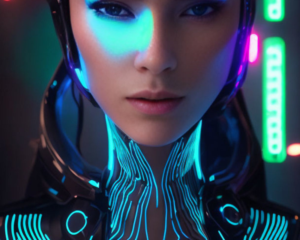 Futuristic woman with glowing blue neon lights and dark bob haircut in dimly lit neon bars