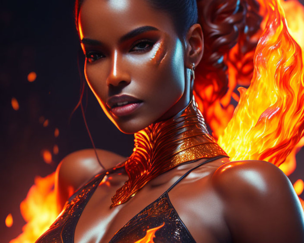 Digital portrait of a woman with fiery elements: glowing skin, intense eyes, flames in hair and clothing