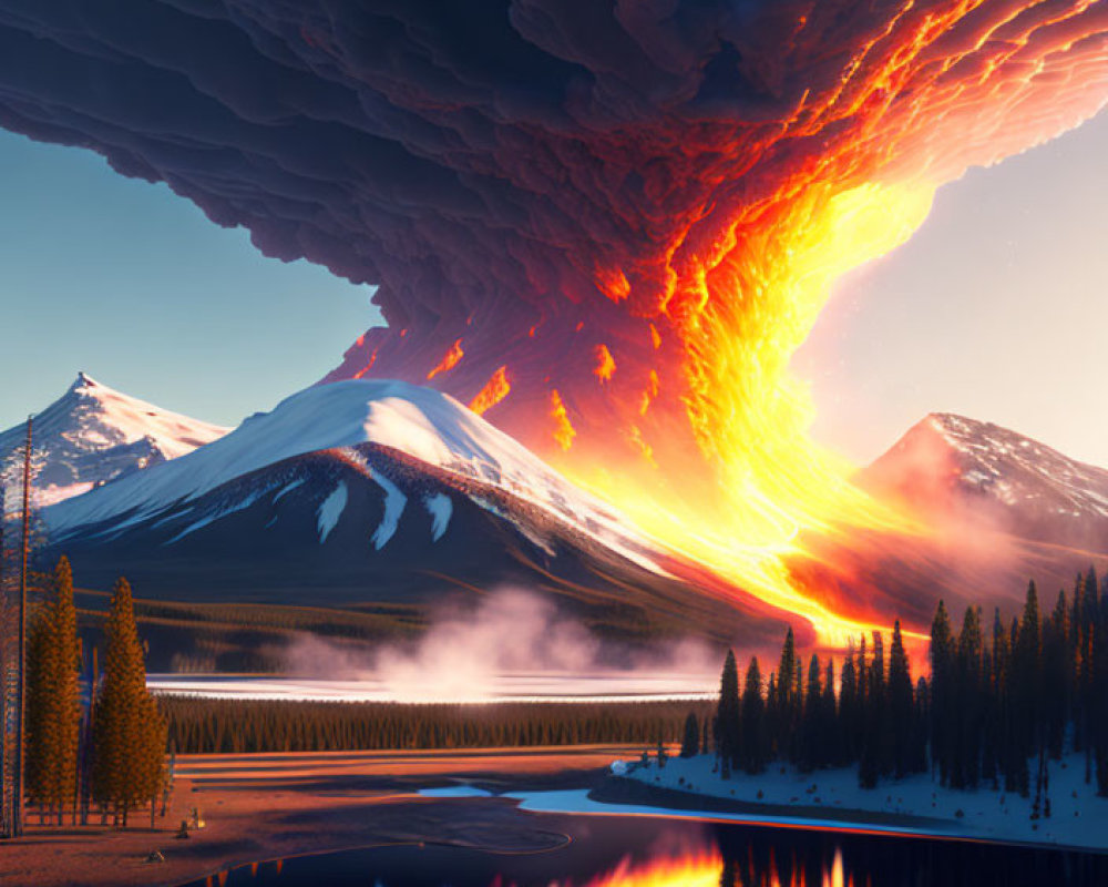 Majestic volcanic eruption reflected in serene lake