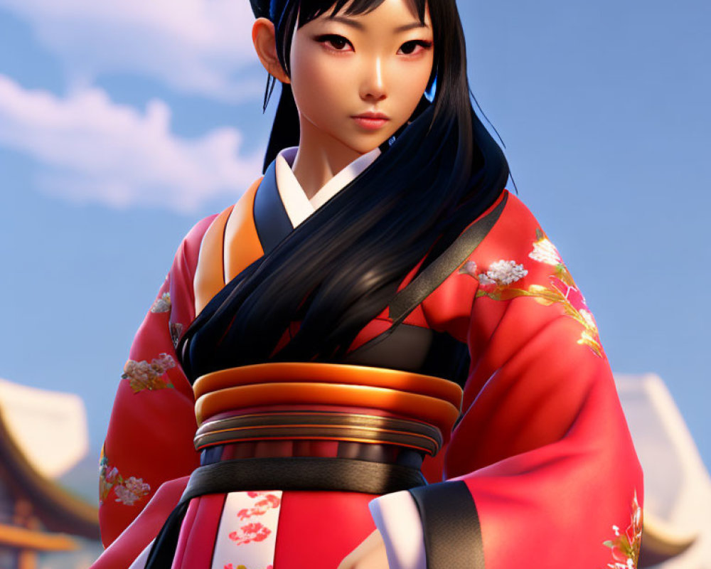 3D render of woman in red and orange kimono with black hair in East Asian setting