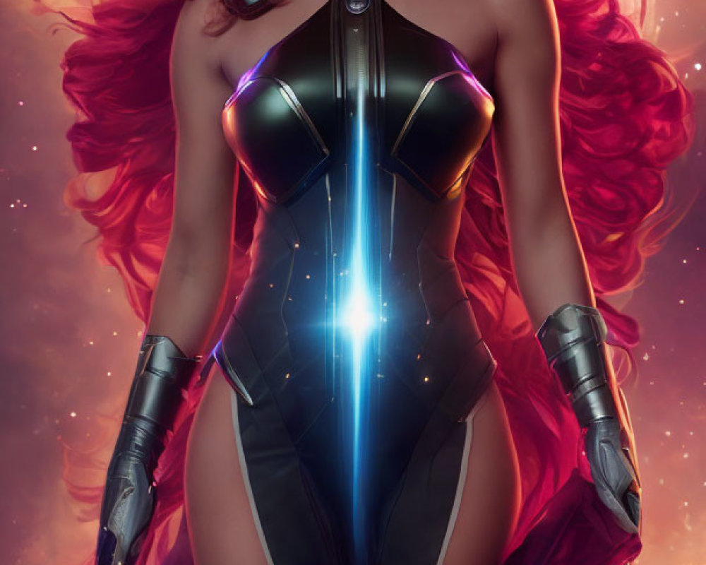 Digital artwork: Woman with red hair in futuristic armor, glowing blue lights, and purple aura