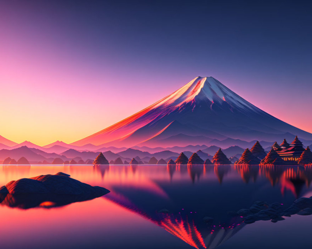 Scenic Sunrise View: Mount Fuji, Pink and Purple Sky, Tranquil Lake