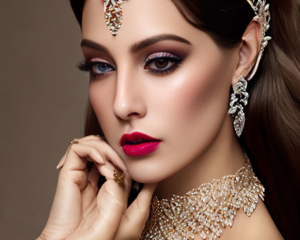 Woman with Striking Makeup and Bold Lips in Embellished Tiara