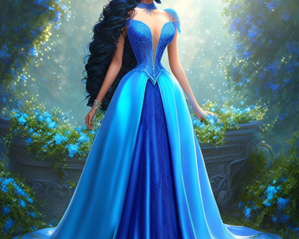 Woman with Long Dark Hair in Vibrant Blue Gown in Enchanted Forest