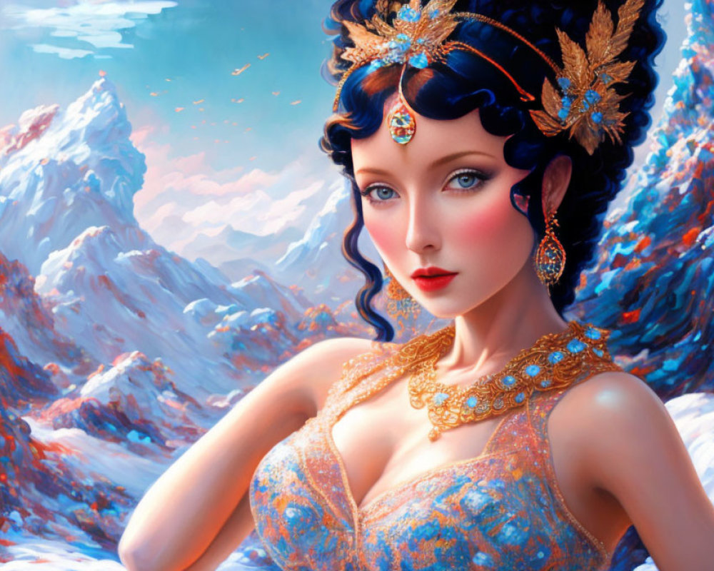 Illustrated woman with sapphire-blue eyes and golden jewelry against snowy mountains