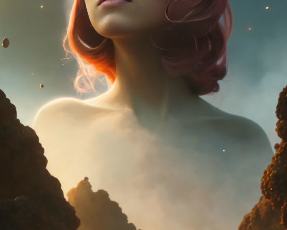 Surreal portrait of woman with red hair in dramatic landscape