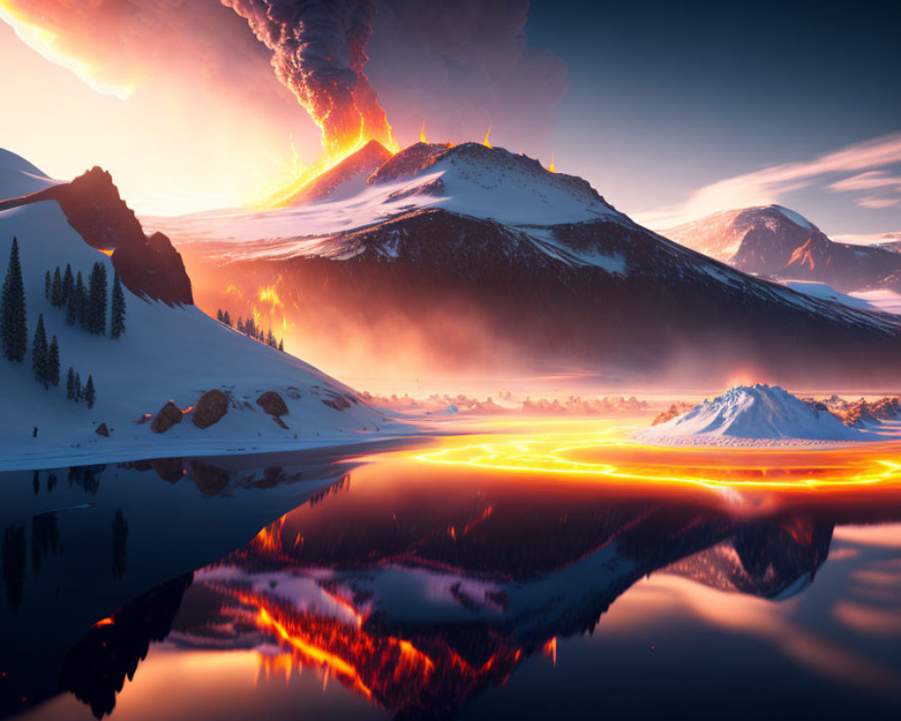 Volcanic eruption lighting up snowy landscape at dusk