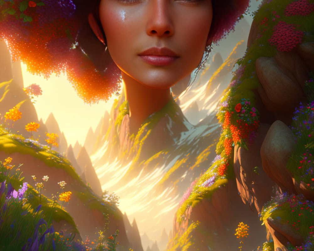 Woman with floral headpiece in vibrant fantasy landscape