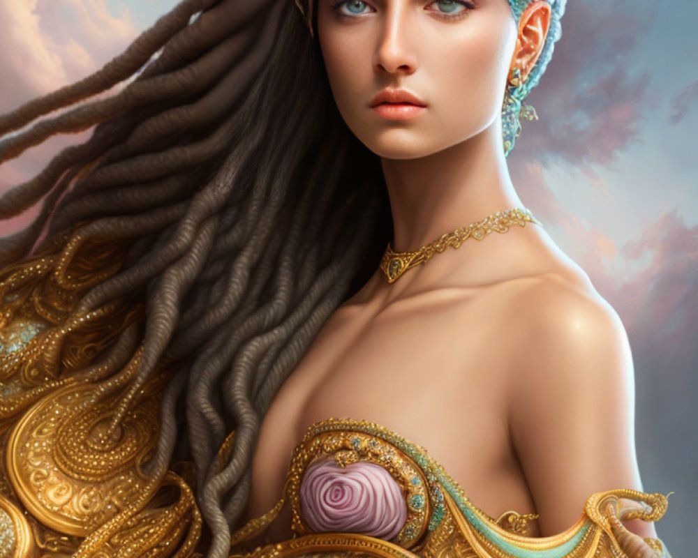 Ethereal female figure with blue eyes in ornate golden jewelry and roses on soft sky background