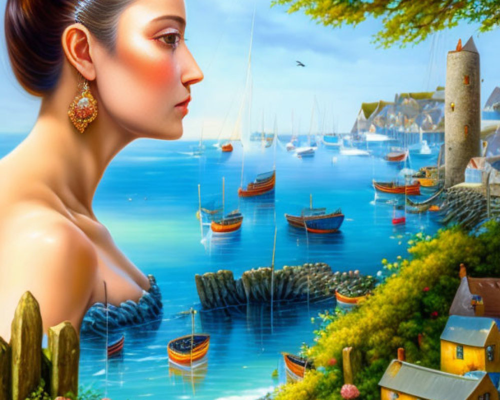 Surreal illustration of woman's profile with coastal village and blooming flowers