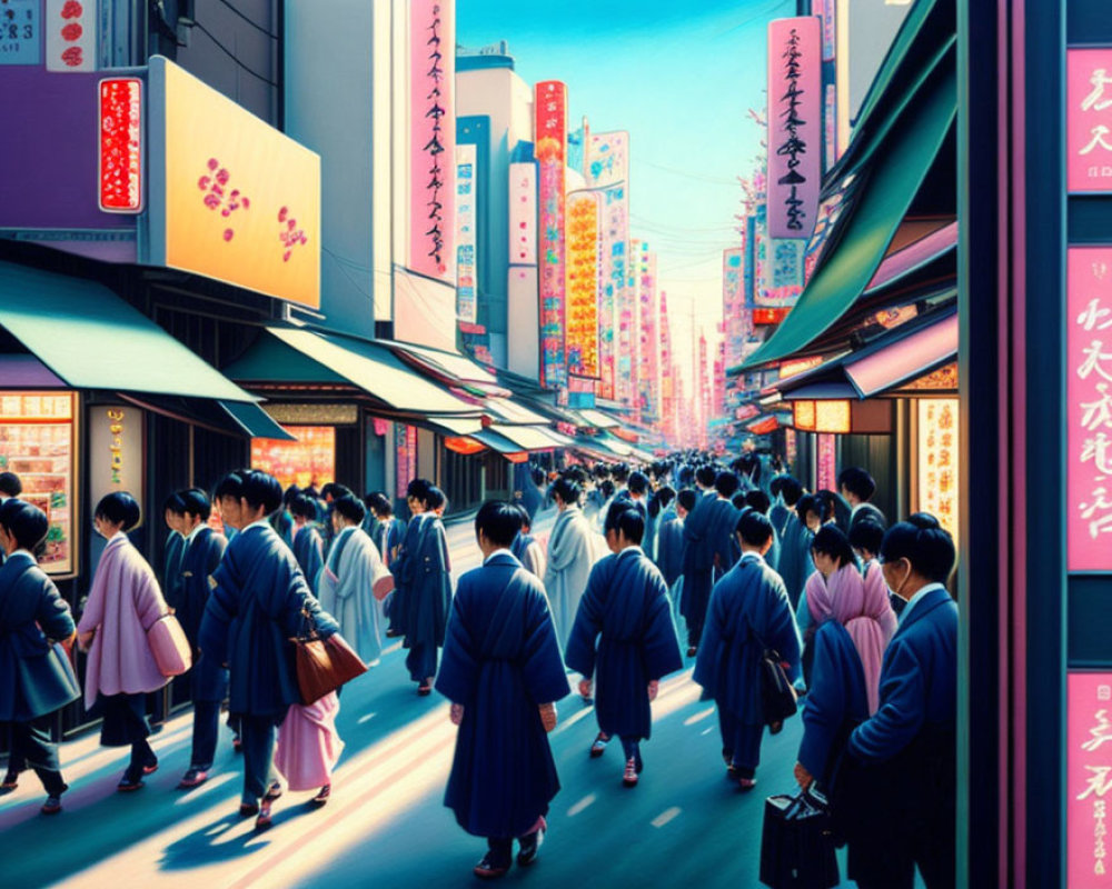 Colorful urban street scene with neon signs and bustling crowds in a Japanese city