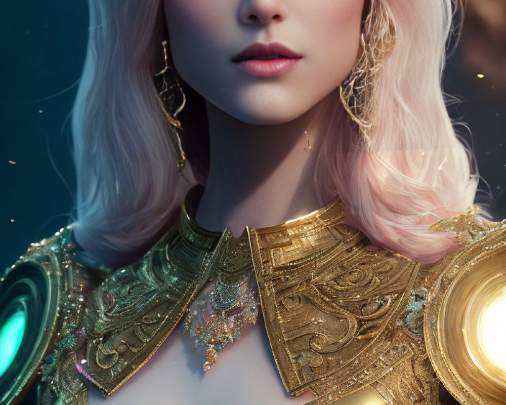 Portrait of woman with pinkish-white hair and blue eyes in golden armor under starry sky