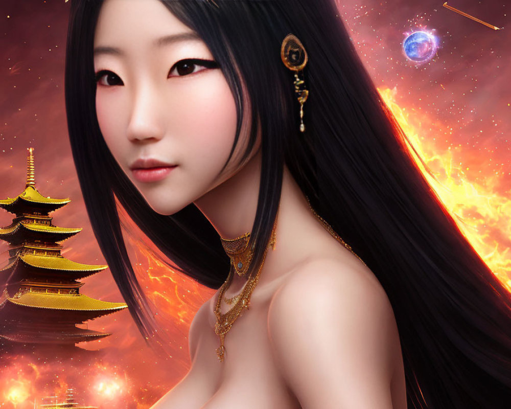 Digital artwork of woman with Asian features in fantasy setting