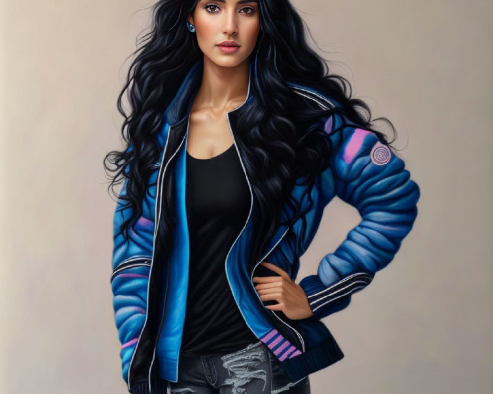 Stylized portrait of woman with long black hair in blue bomber jacket