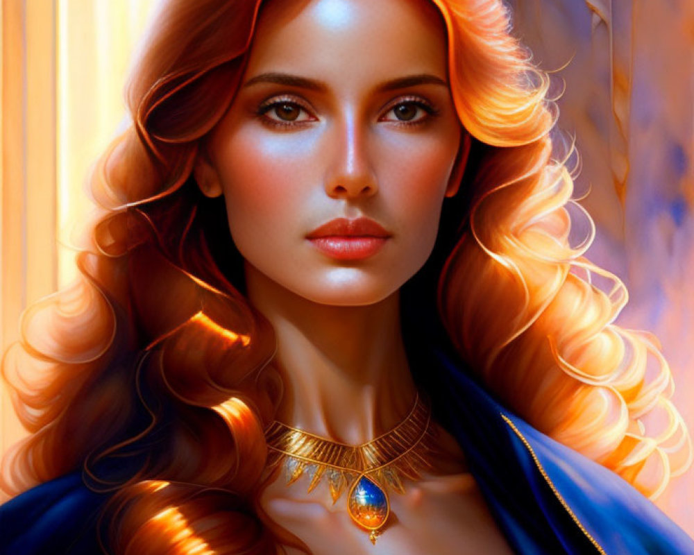 Digital Artwork: Woman with Red Hair, Gold Necklace, and Blue Cape in Warm Light