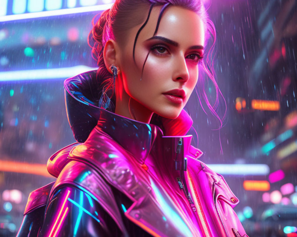 Woman in slicked-back hair and makeup under neon city lights in rain with iridescent jacket