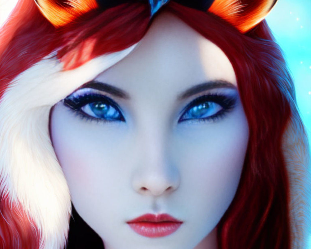 Female character with red and white fox ears and blue eyes portrait on blue background