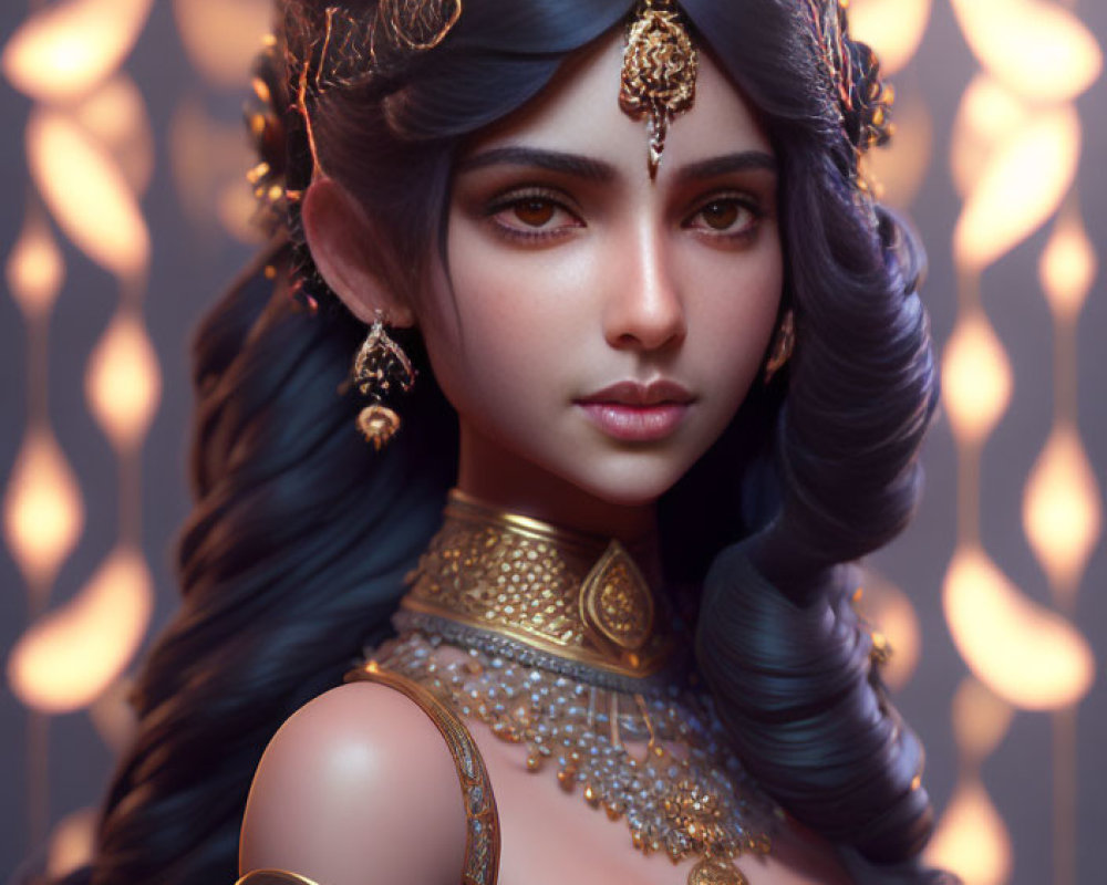 Digital portrait of woman with gold jewelry, wavy hair, and warm glowing background.