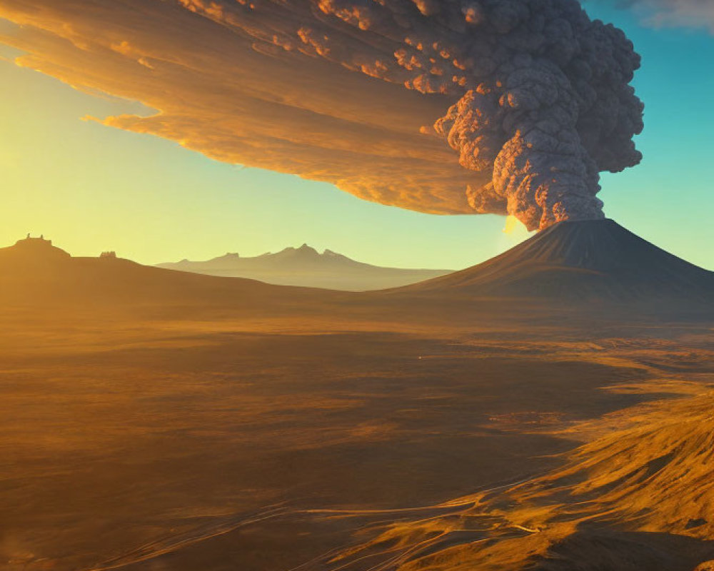 Volcano erupting with smoke and ash at sunset