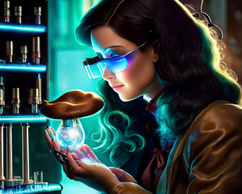 Futuristic woman with glasses examines glowing orb in sci-fi scene