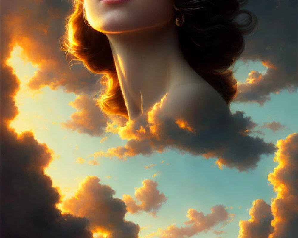 Profile of woman with flowing hair against vibrant sunset sky and field of flowers