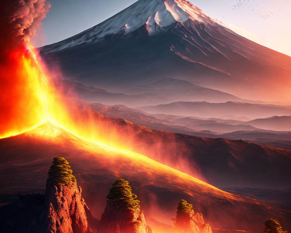 Volcano eruption with flowing lava, billowing smoke, fleeing birds, and serene mountain backdrop