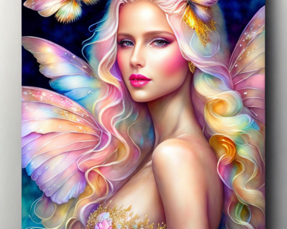 Colorful Fairy Portrait with Luminescent Wings and Butterflies