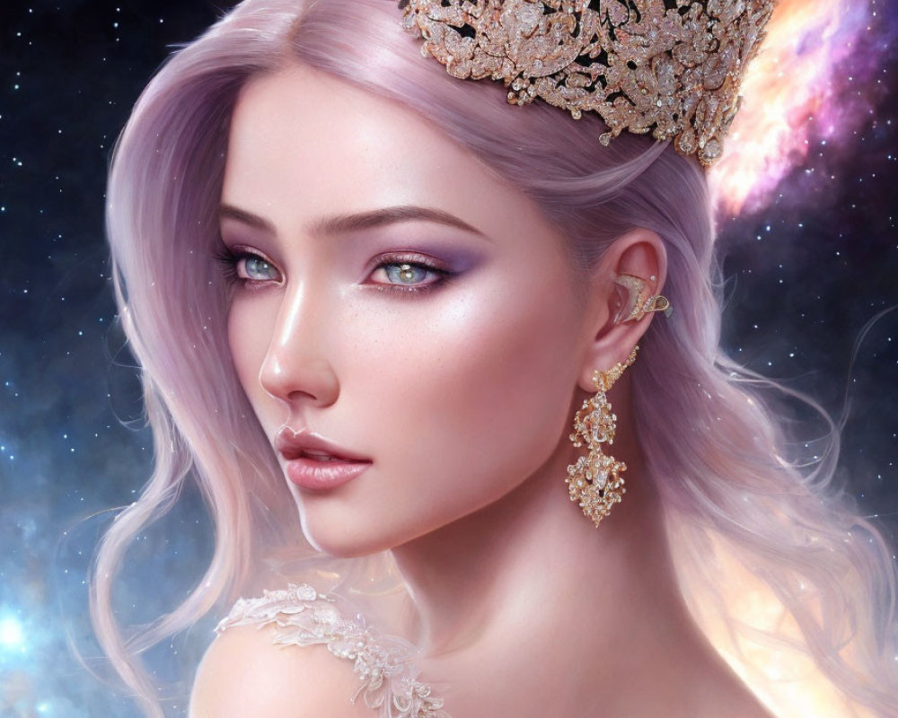 Detailed Digital Artwork: Woman with Purple Hair, Golden Crown, Cosmic Background