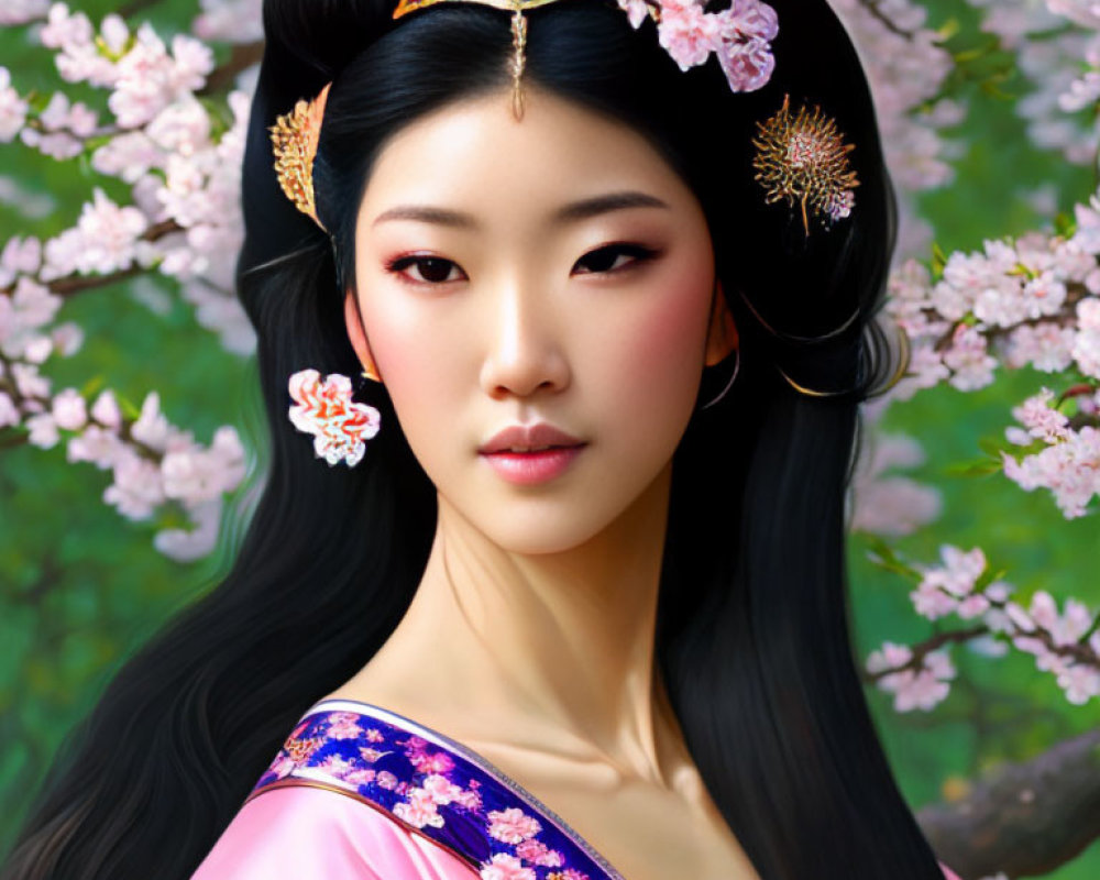 Digital Artwork: Woman in East Asian Attire Among Cherry Blossoms