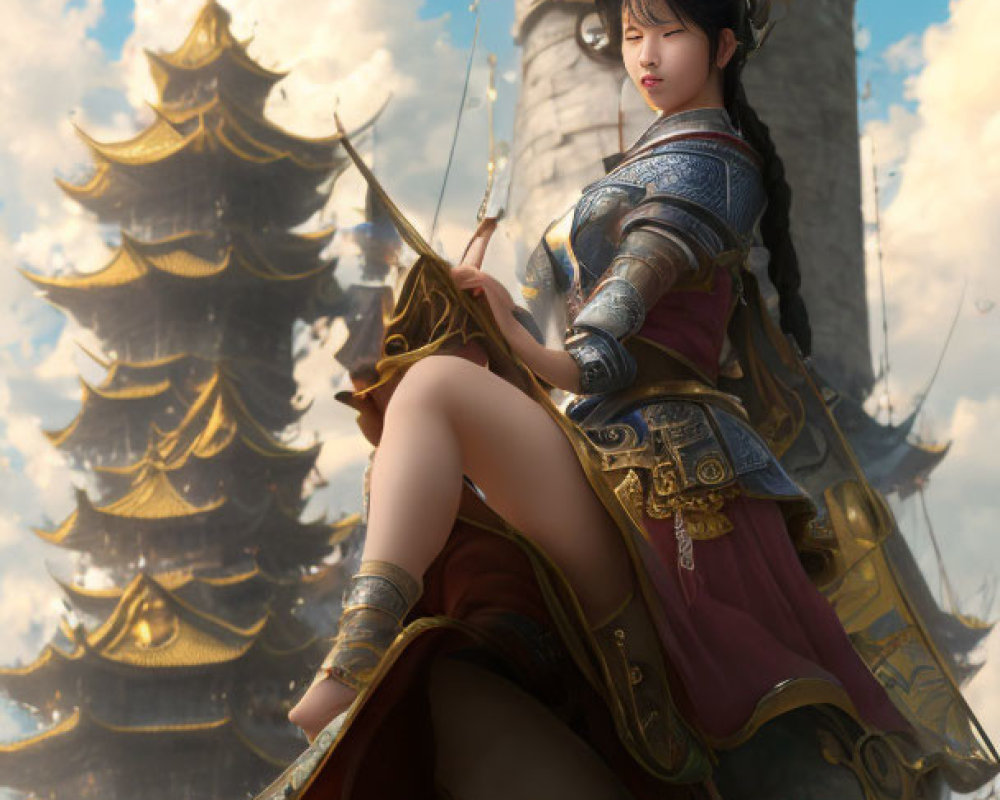 Traditional Asian woman in elegant attire with sword, sitting by pagoda-style structures.